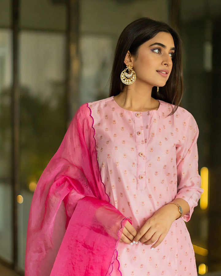 Pink Printed Chanderi Suit Set