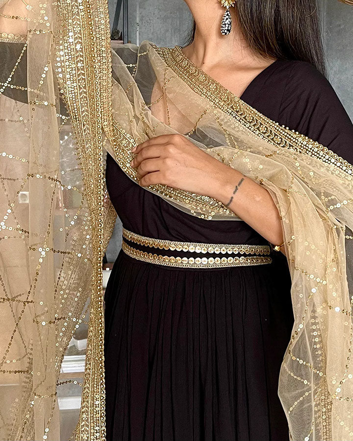 Trendy black cotton crush suit with elegant Kanchali patterns