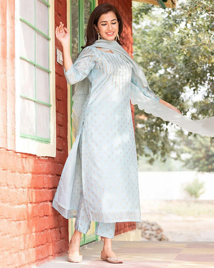 Blue Chanderi suit set with elegant prints