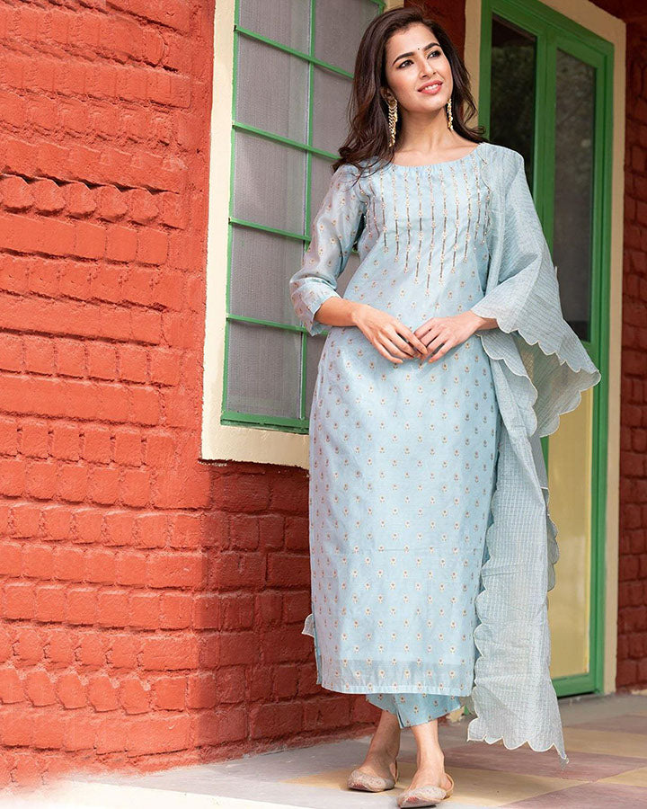 Blue Chanderi suit featuring elegant prints