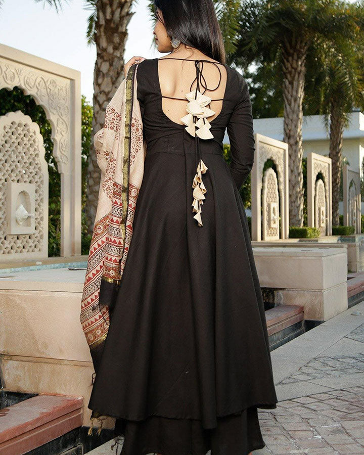 Black cotton backless suit set, back side view