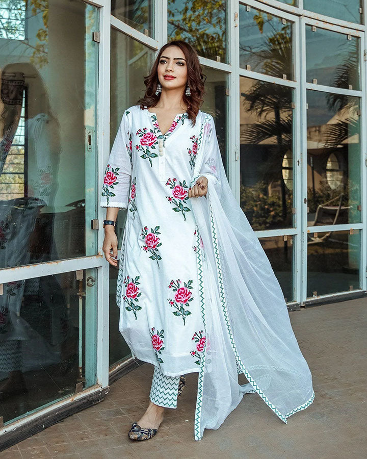 Red Rose Block Print Suit | Ambraee Ambraee Red Rose Block Print Suit | Ambraee Ambraee