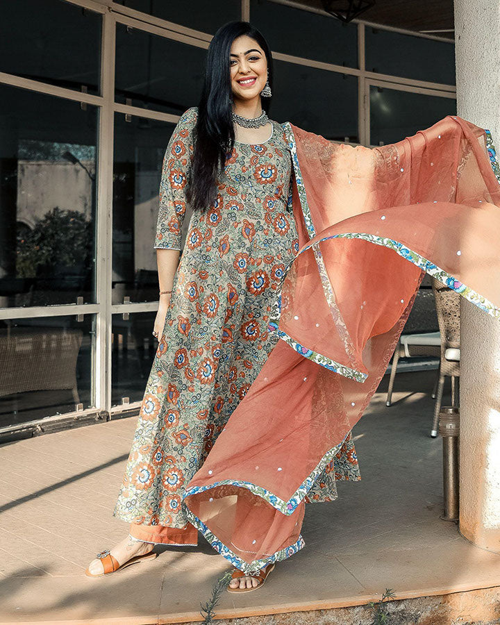 Elegant brown cotton suit set with floral design