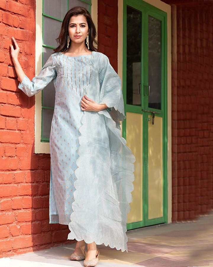 Trendy printed Chanderi suit in beautiful shades of blue