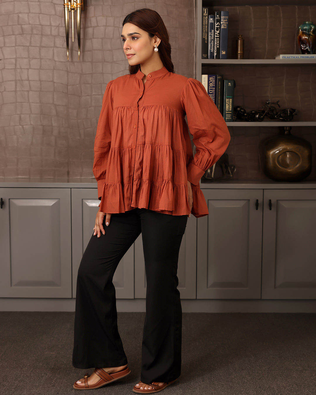 Rust Orange Mulmul Tiered Shirt