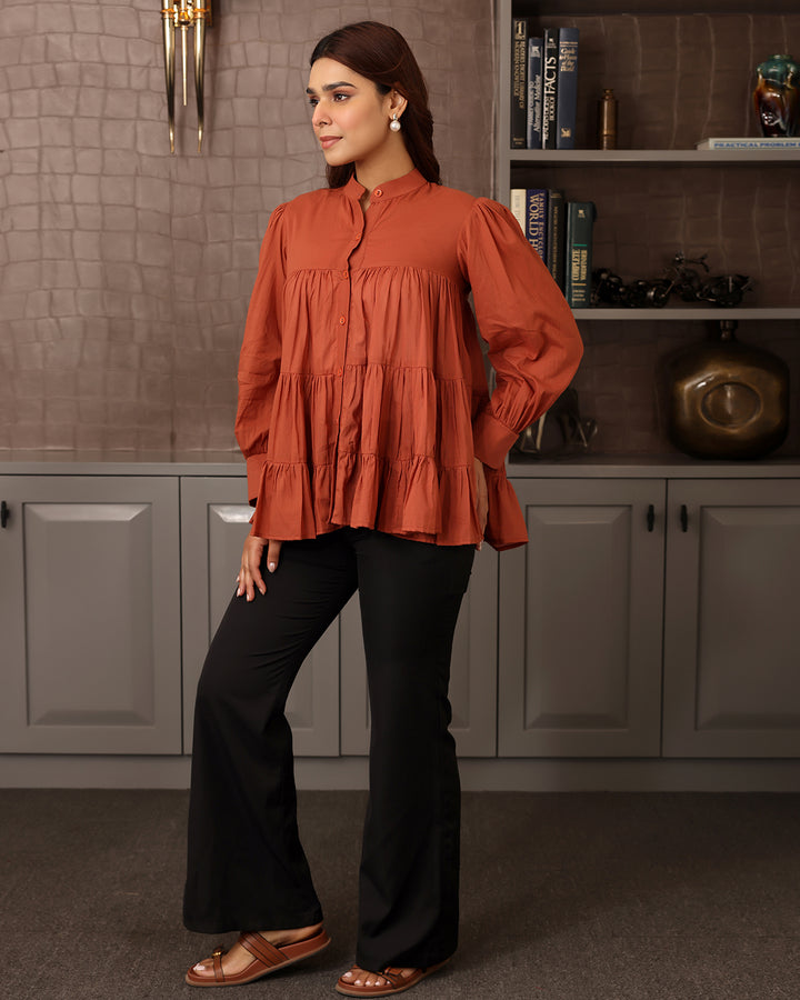 Rust Orange Mulmul Tiered Shirt
