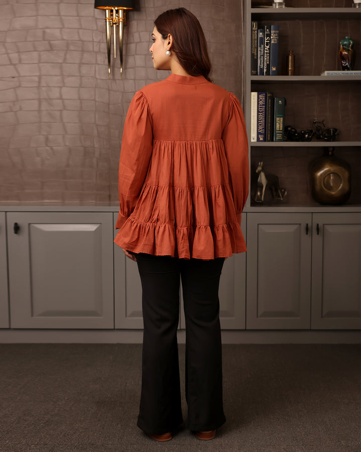 Rust Orange Mulmul Tiered Shirt