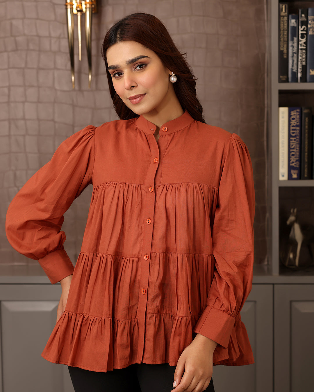 Rust Orange Mulmul Tiered Shirt