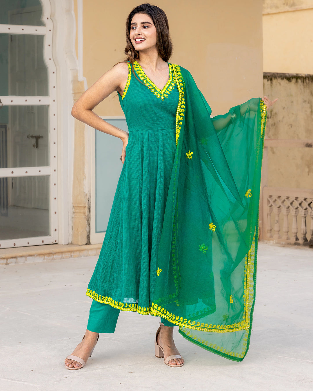 Green Aari Work Suit Set