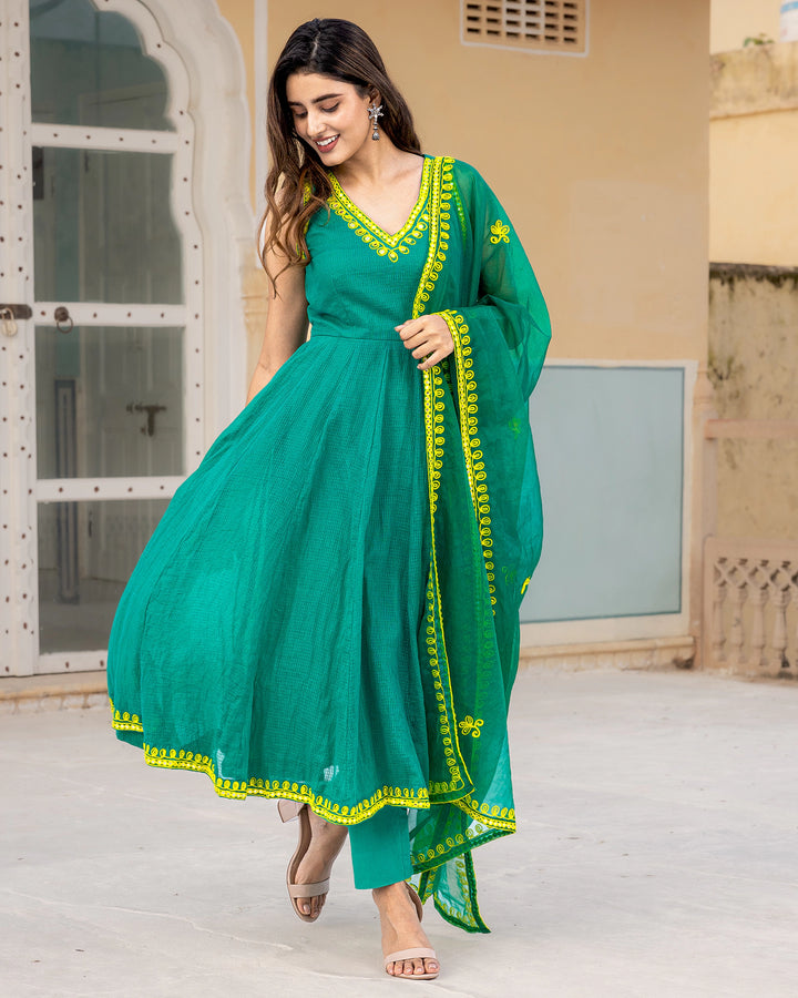 Green Aari Work Suit Set