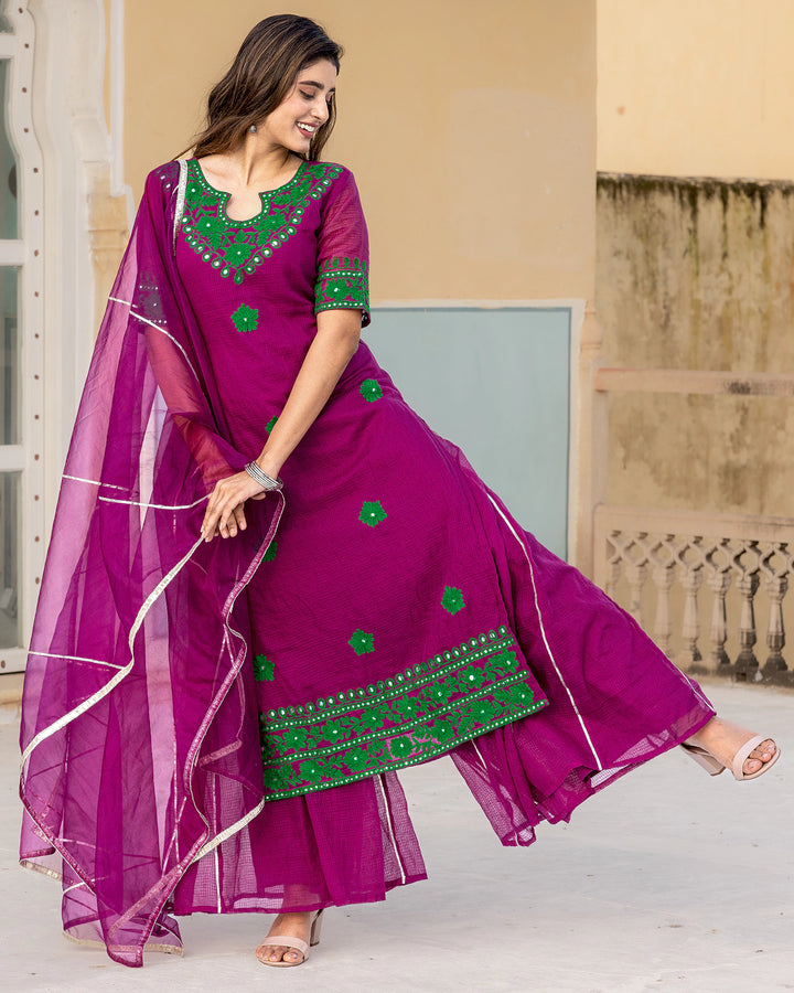 Magenta Aari Work Sharara Suit Set