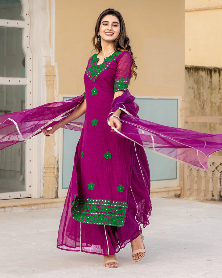 Magenta Aari Work Sharara Suit Set