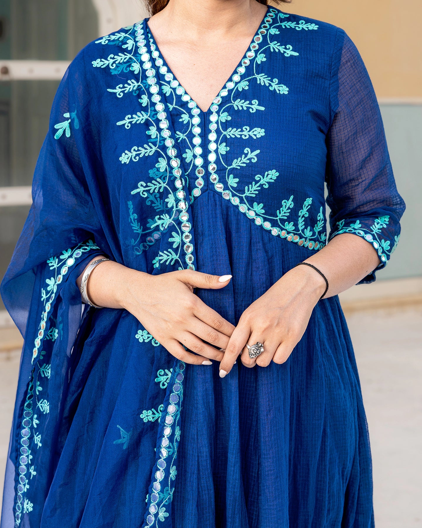 Indigo Aari Work Anarkali Suit Set