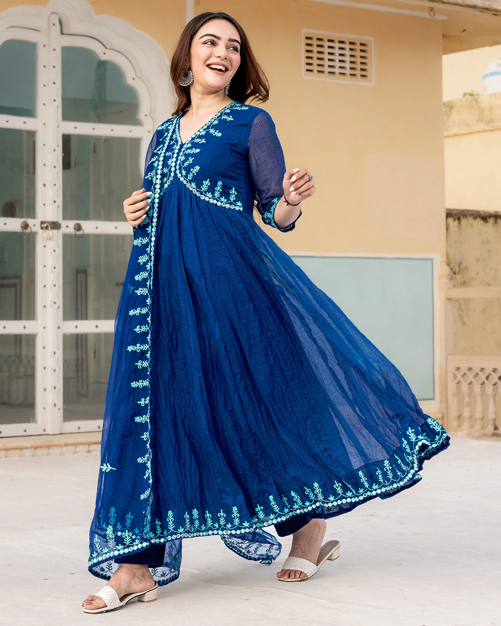Indigo Aari Work Anarkali Suit Set