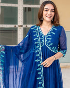 Indigo Aari Work Anarkali Suit Set