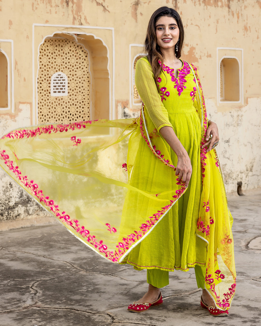 Lime Green Aari Work Suit Set