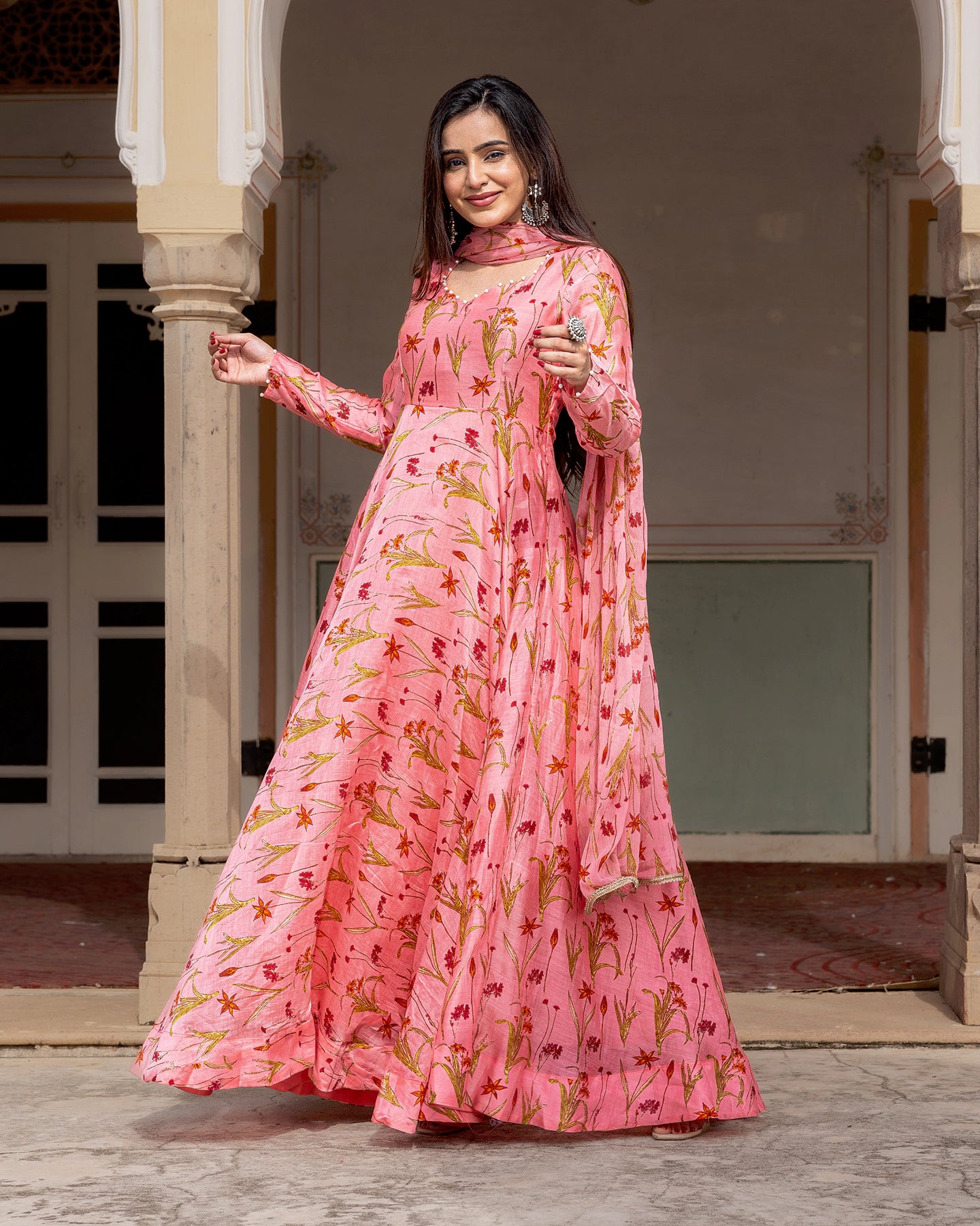 Pink Floral Anarkali Set
