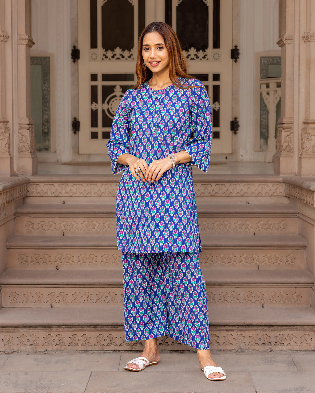 Blue Printed Cotton Kurta Set
