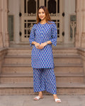 Blue Printed Cotton Kurta Set