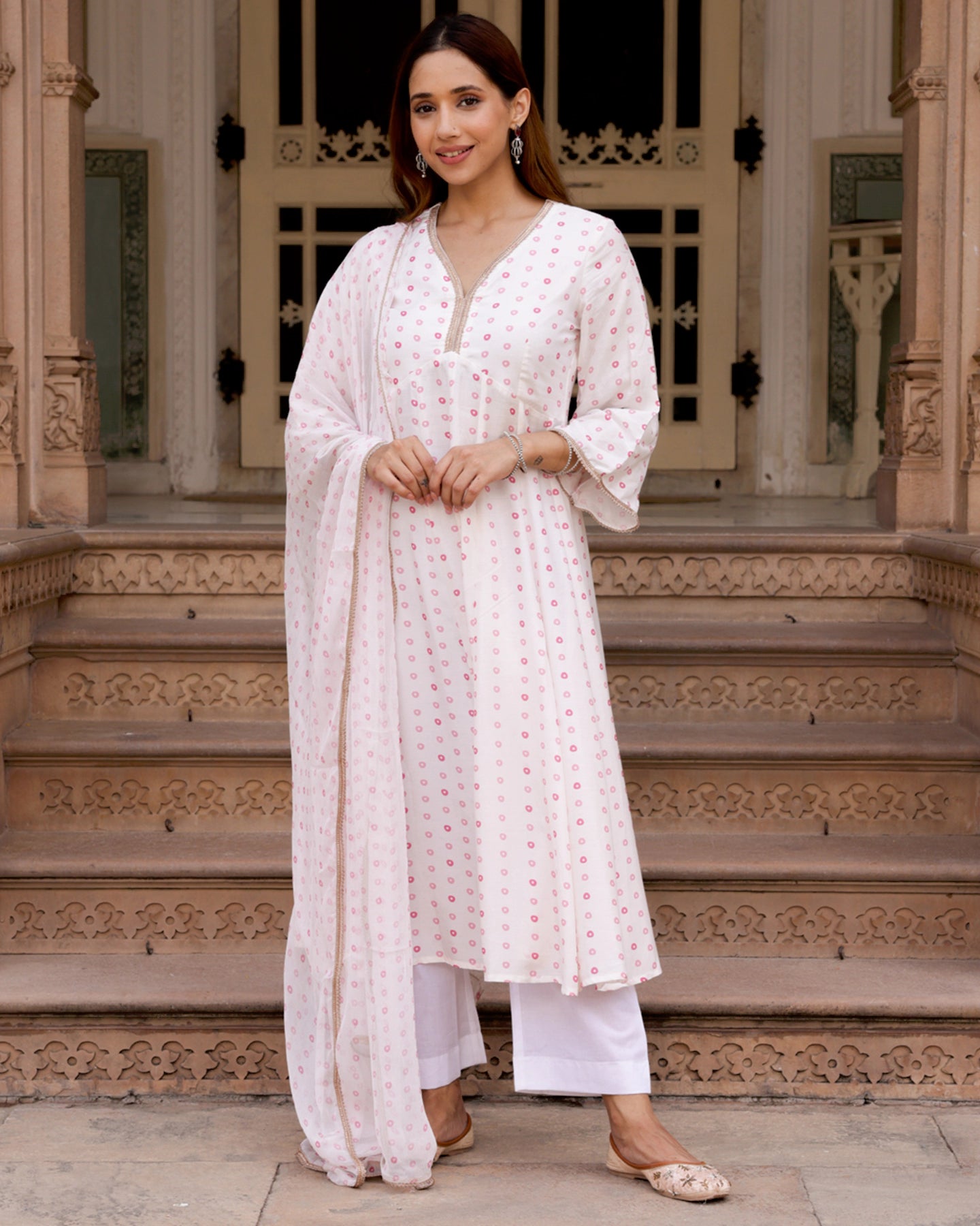 White Bandhani Anarkali Suit Set