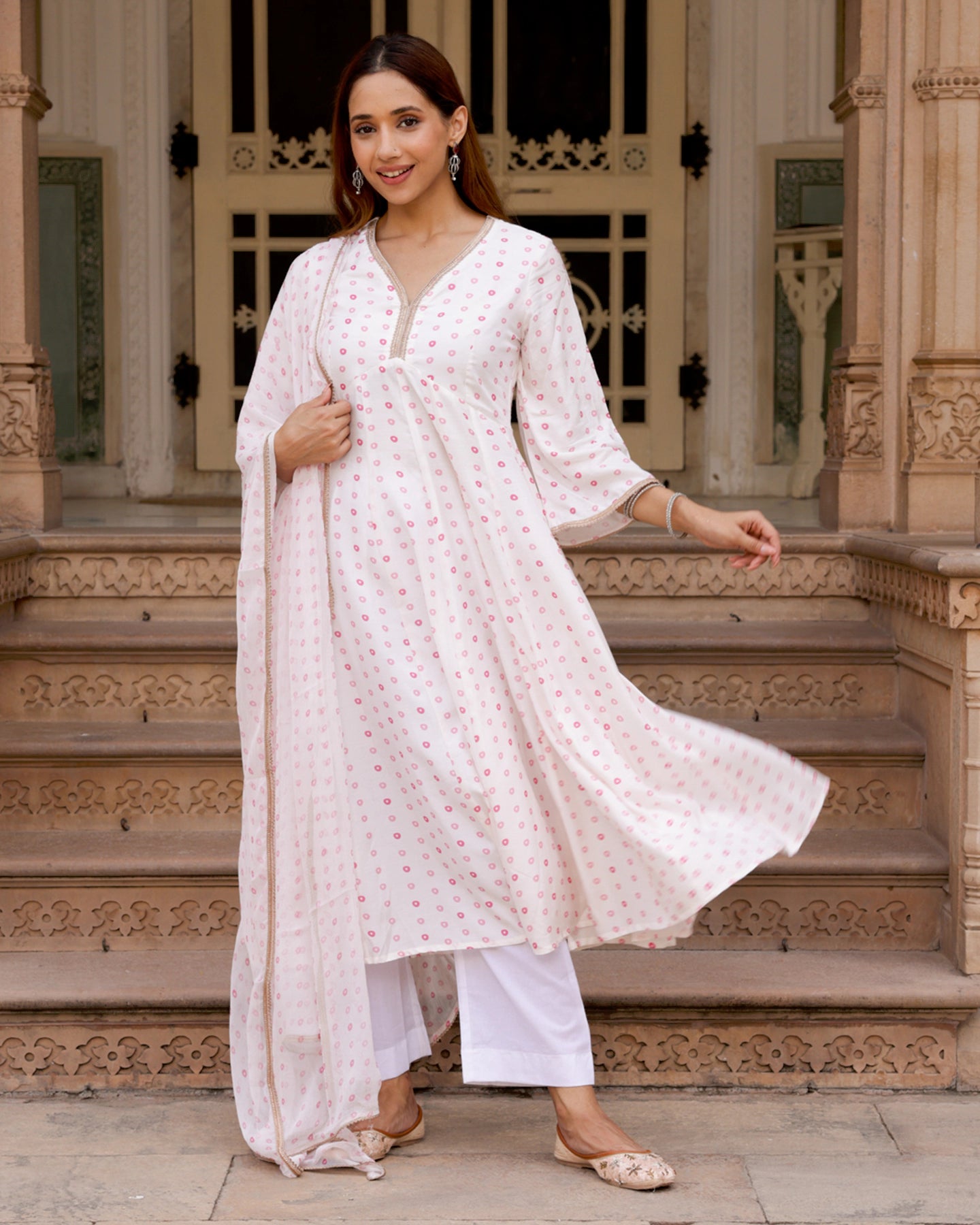 White Bandhani Anarkali Suit Set