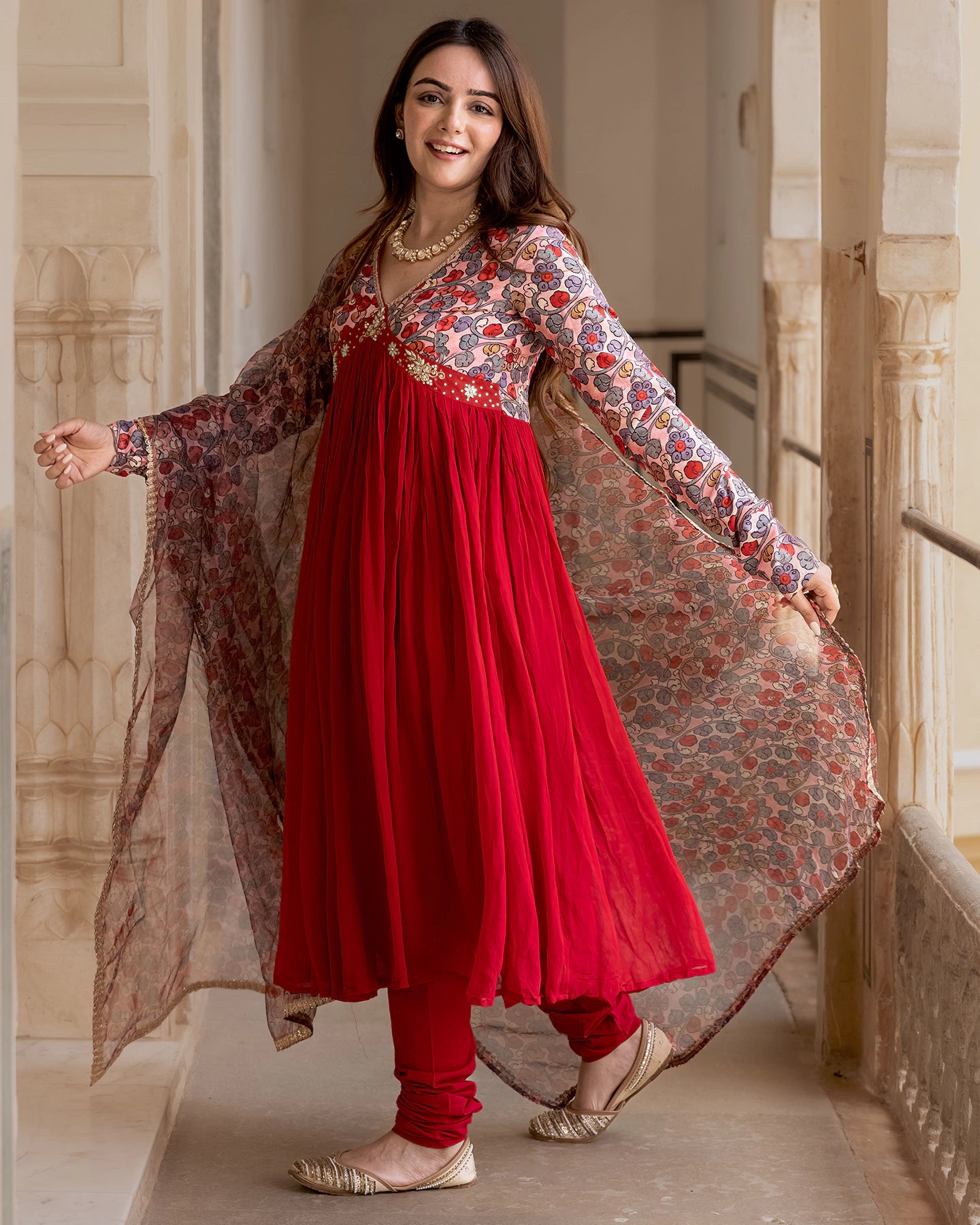 Red Floral Kalidaar Suit Set