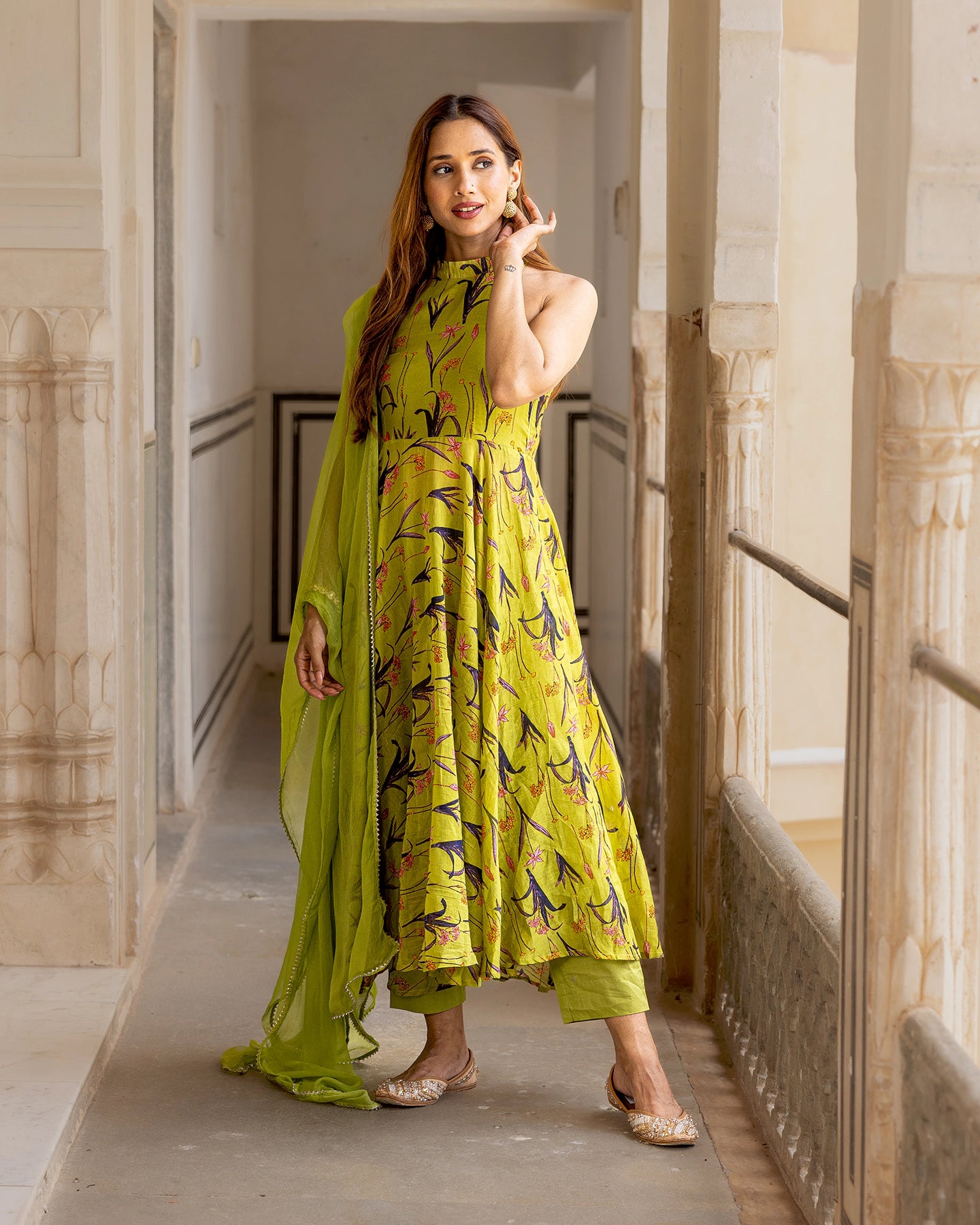 Green Handblock Florets Suit Set