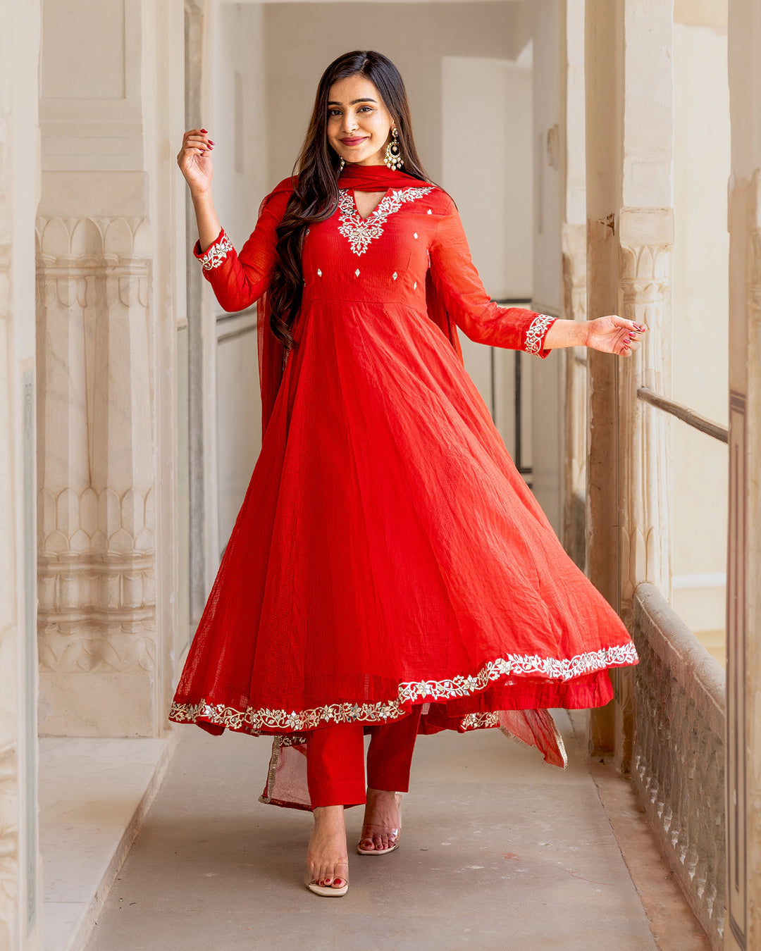 Red Kaccha-gota Kalidaar Suit Set