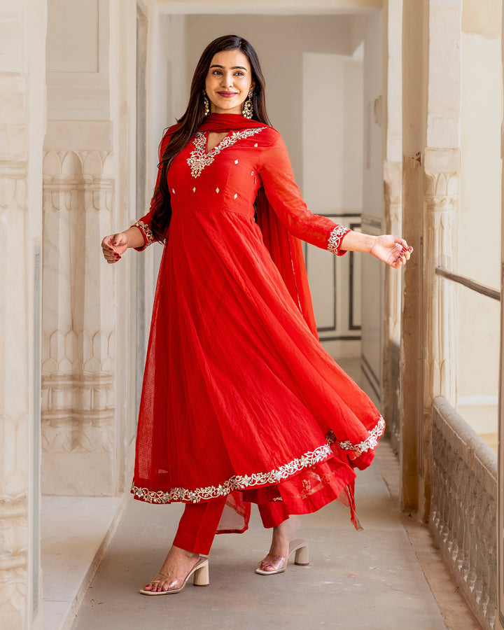 Red Kaccha-gota Kalidaar Suit Set