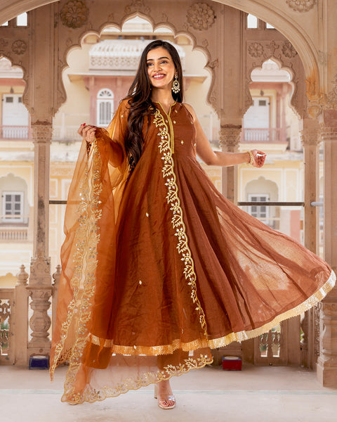 Buy Brown Gota Anarkali Suit Set online in India Ambraee