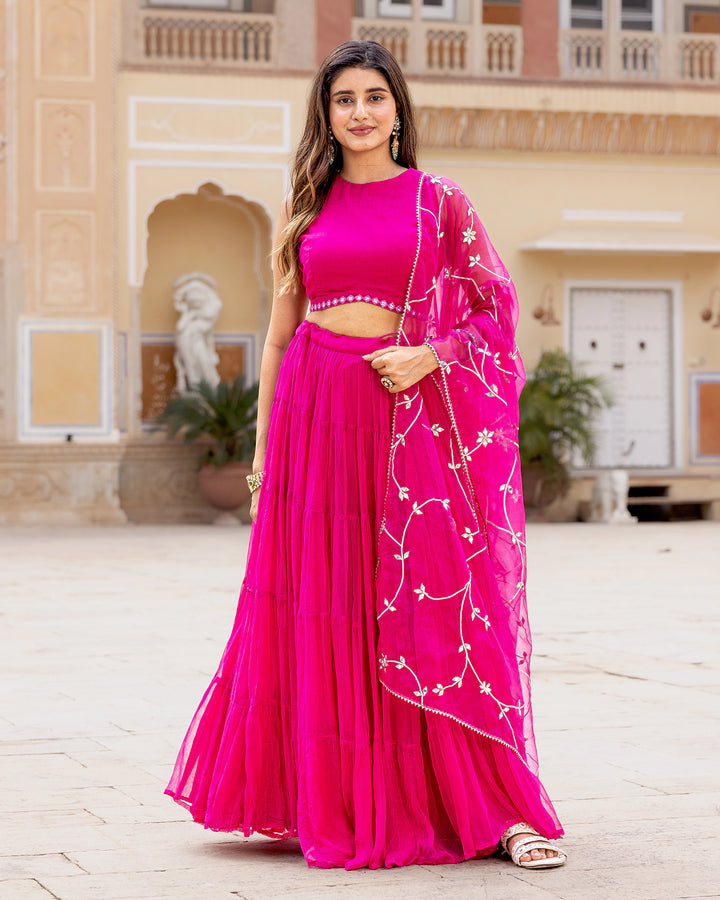 Fuschia Tasseled & Tiered Lehenga Set