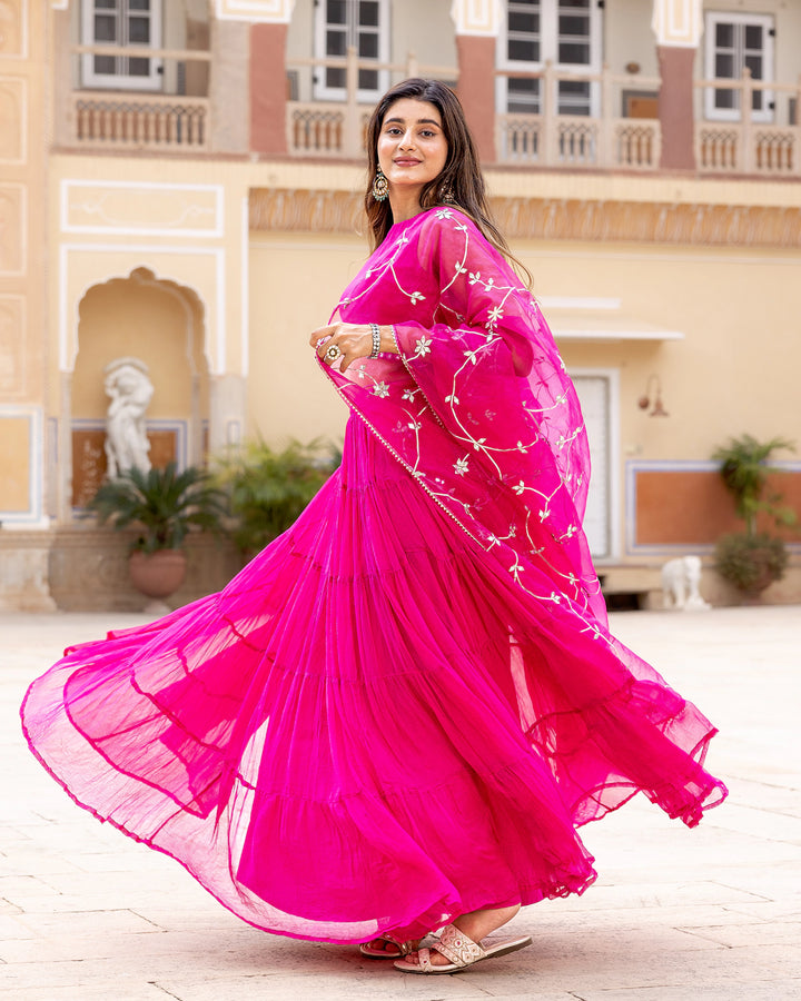 Fuschia Tasseled & Tiered Lehenga Set