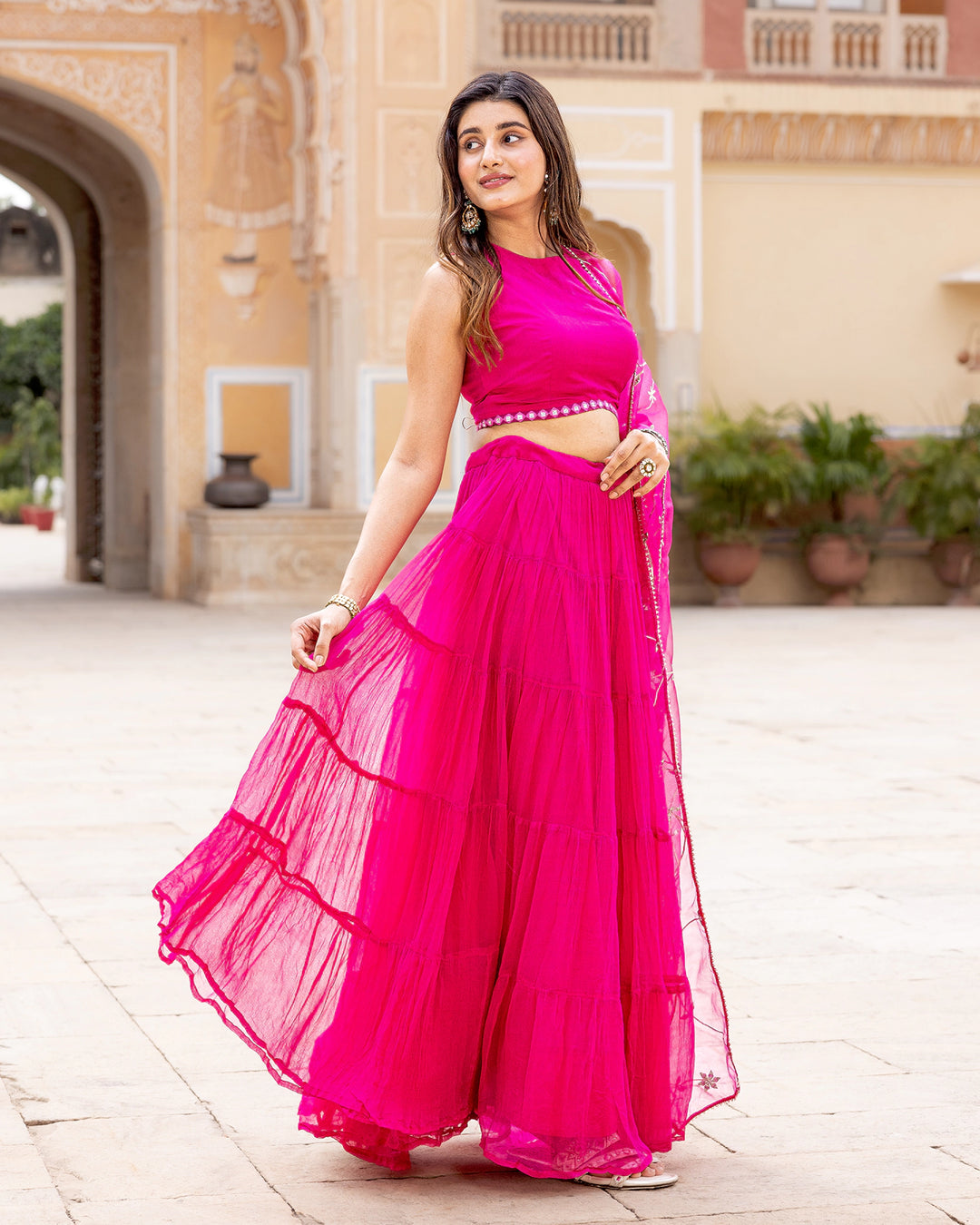 Fuschia Tasseled & Tiered Lehenga Set