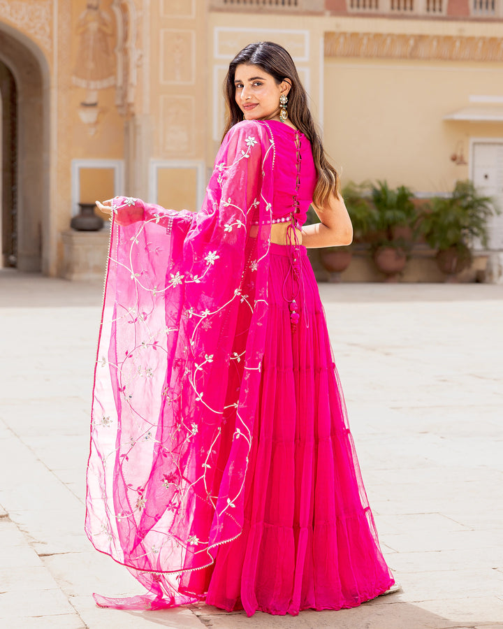 Fuschia Tasseled & Tiered Lehenga Set