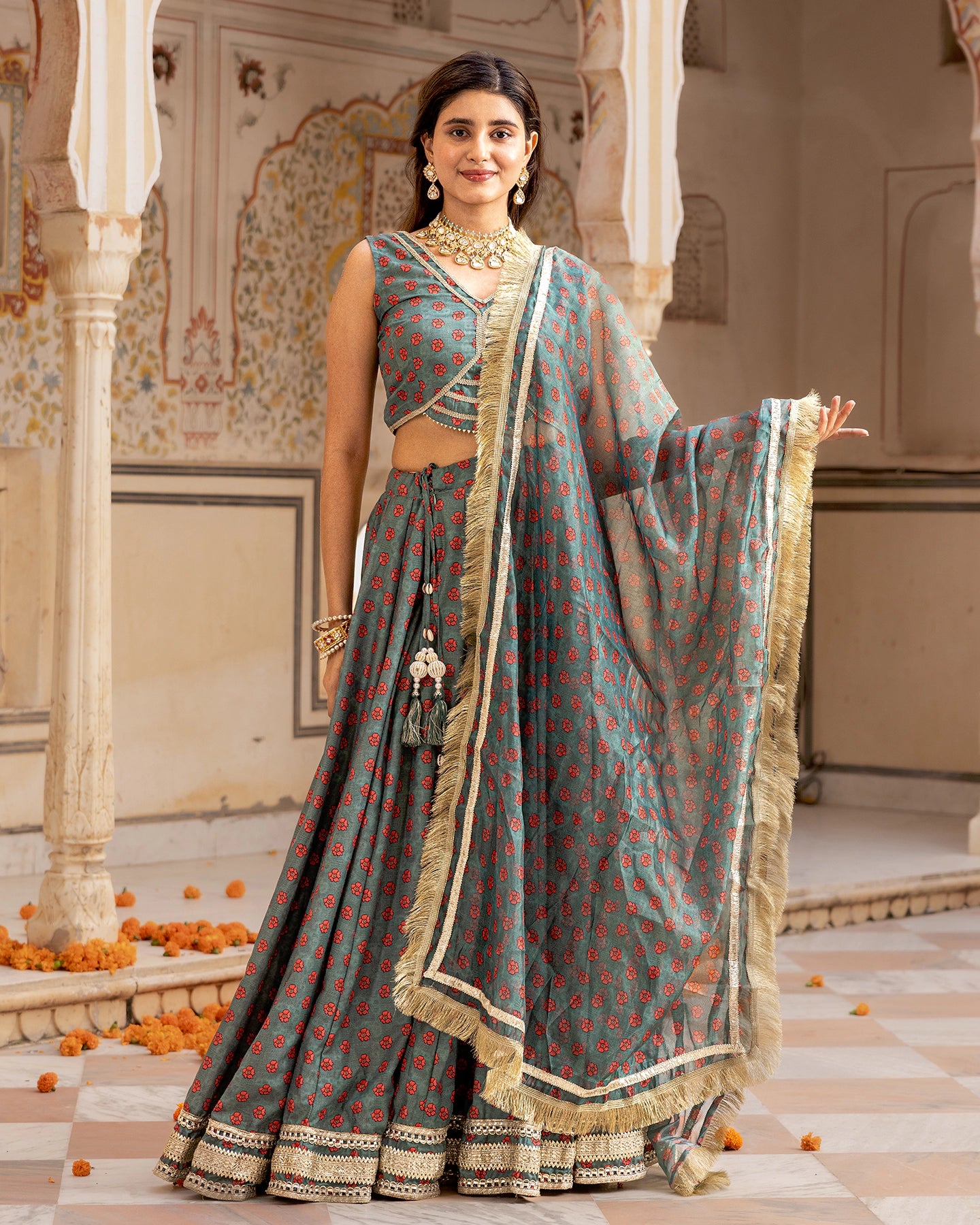 Green Floral & Gota Lehenga Set
