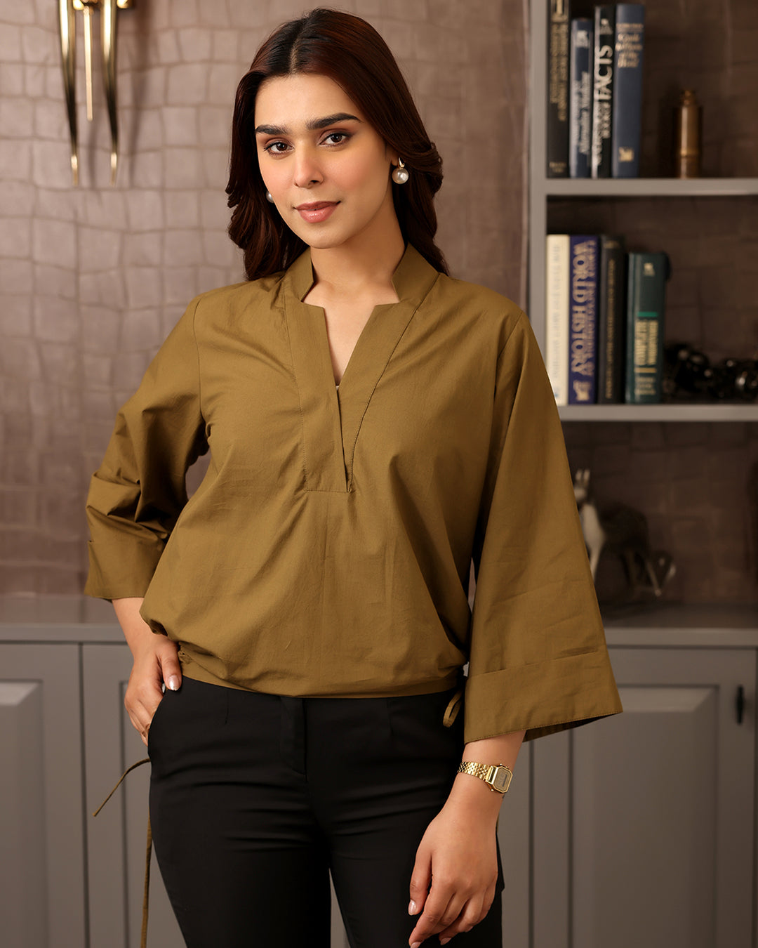 V-neck Brown Poplin Shirt