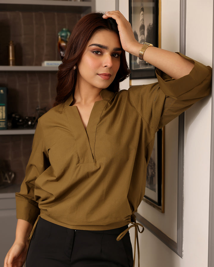 V-neck Brown Poplin Shirt