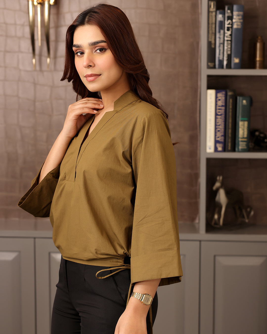 V-neck Brown Poplin Shirt