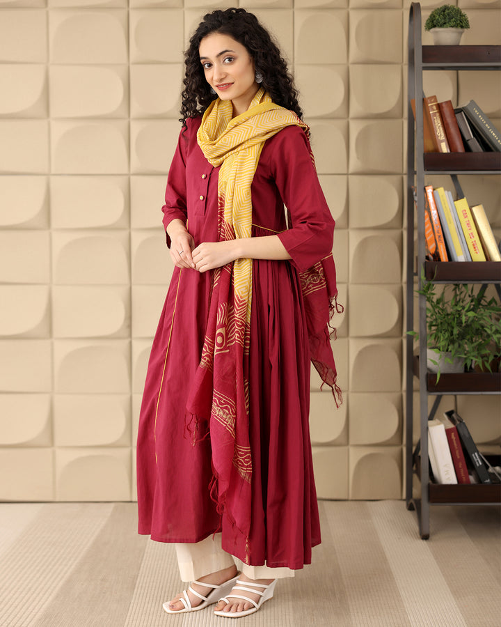 Maroon A-line Cotton Kurta Set