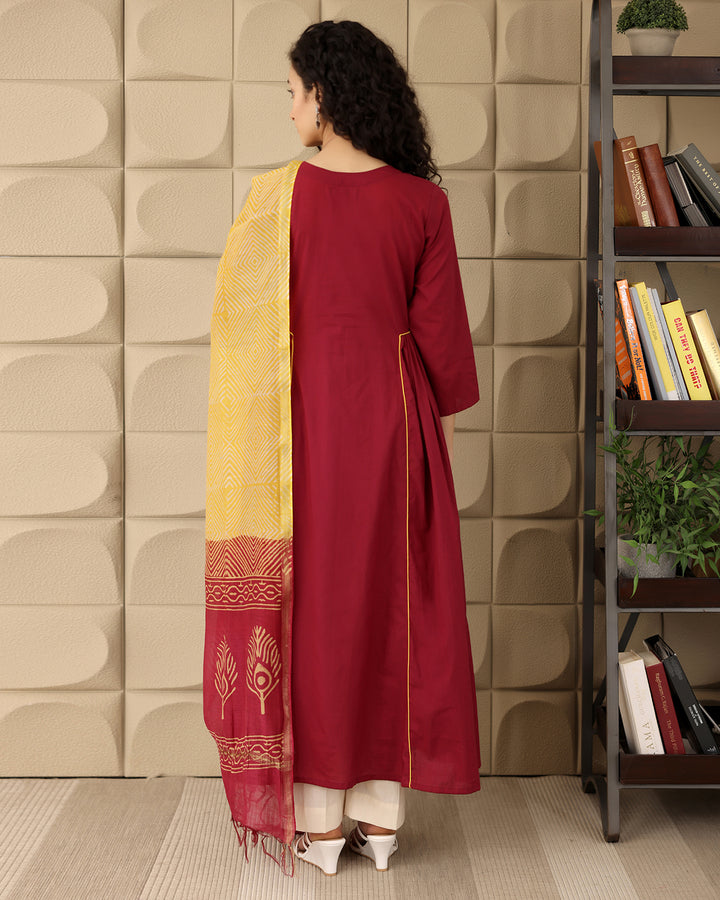 Maroon A-line Cotton Kurta Set