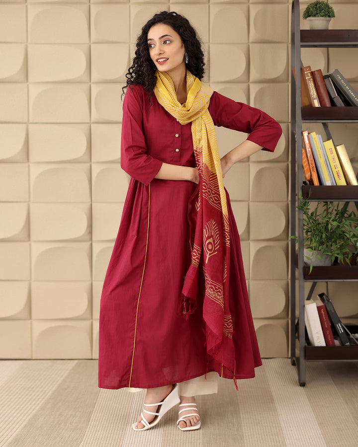 Maroon A-line Cotton Kurta Set