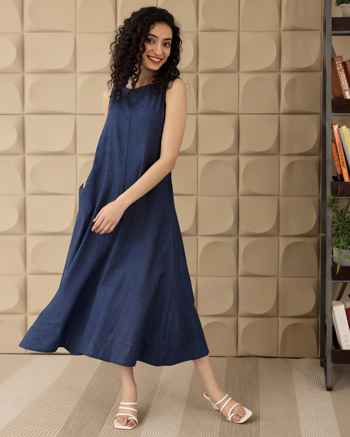 A-line Navy Cotton Midi Dress