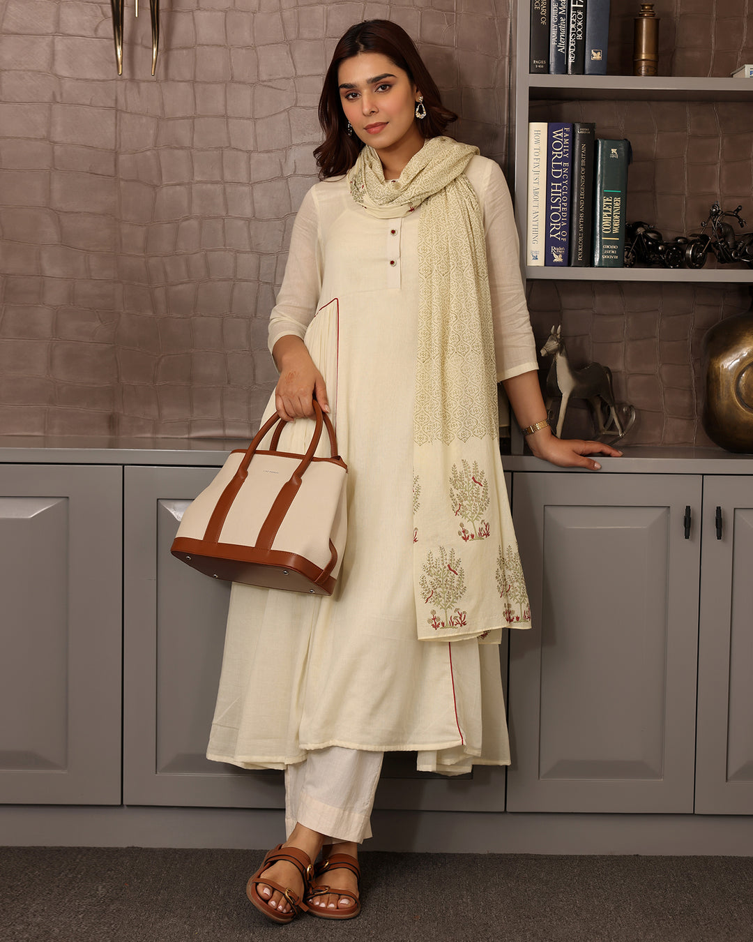 OFF-WHITE A-LINE KURTA-DUPATTA SET