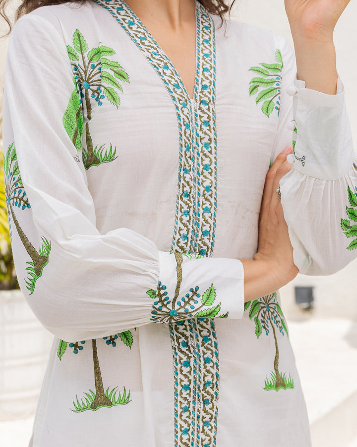 White Green Handblock kurta set