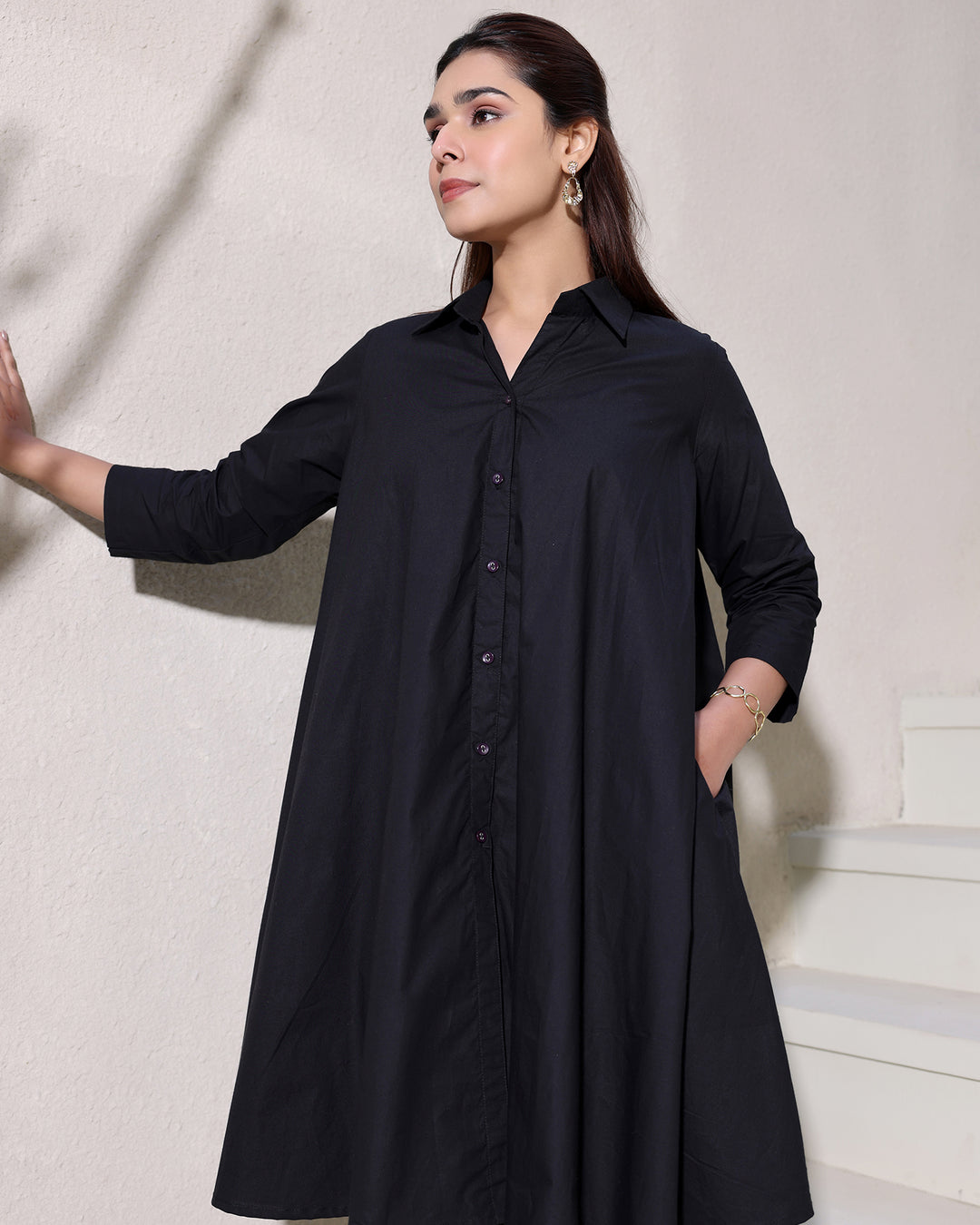 Classic Black Poplin Shirt Dress