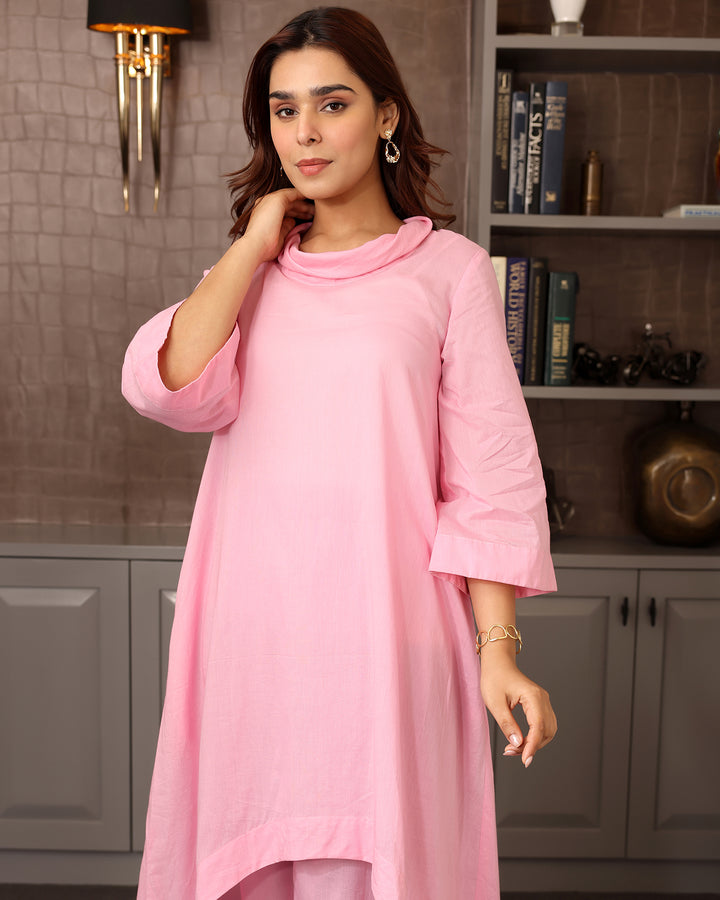 Pink Cotton High-low Kurta Set