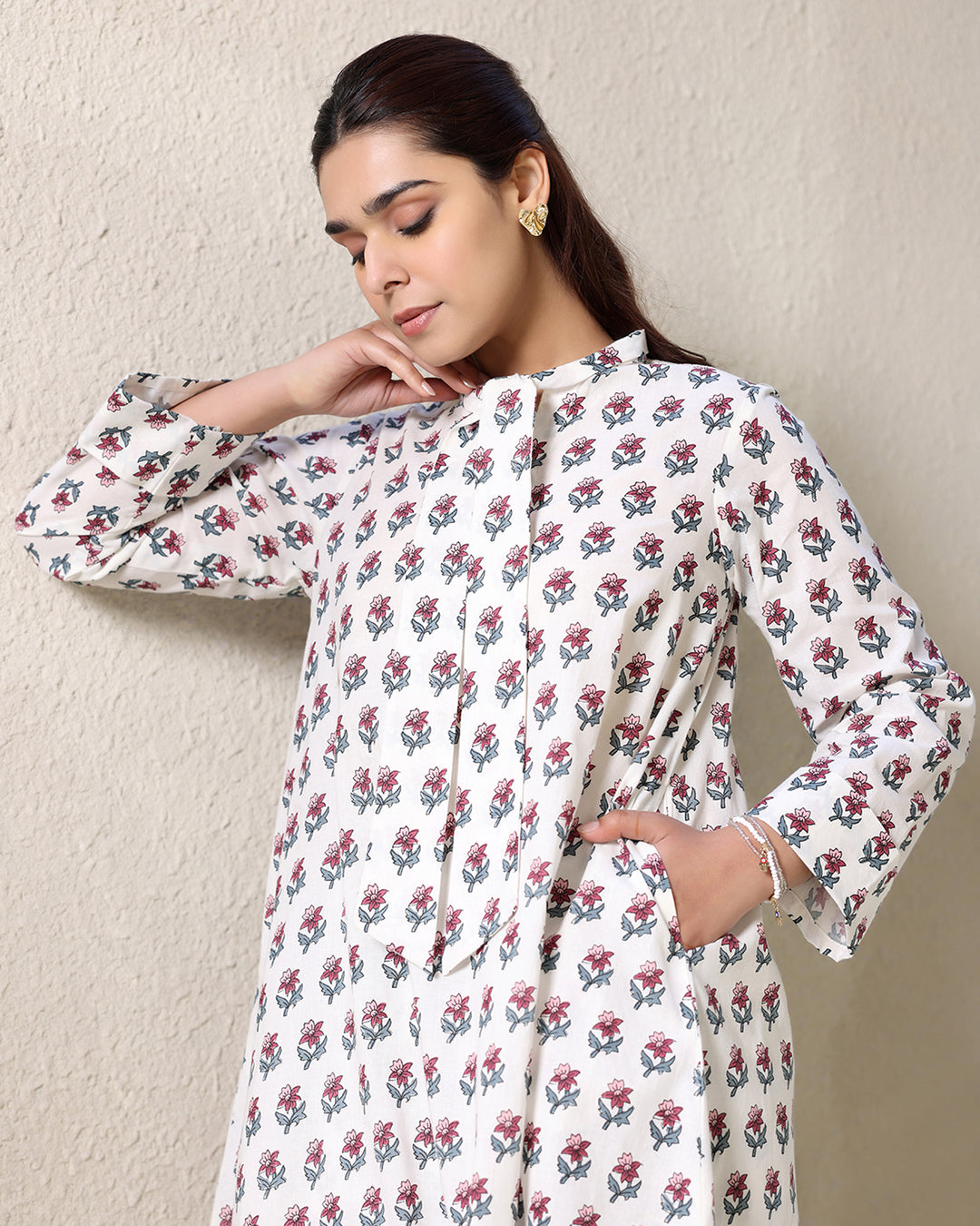 WHITE TIE-UP PRINTED KURTA SET