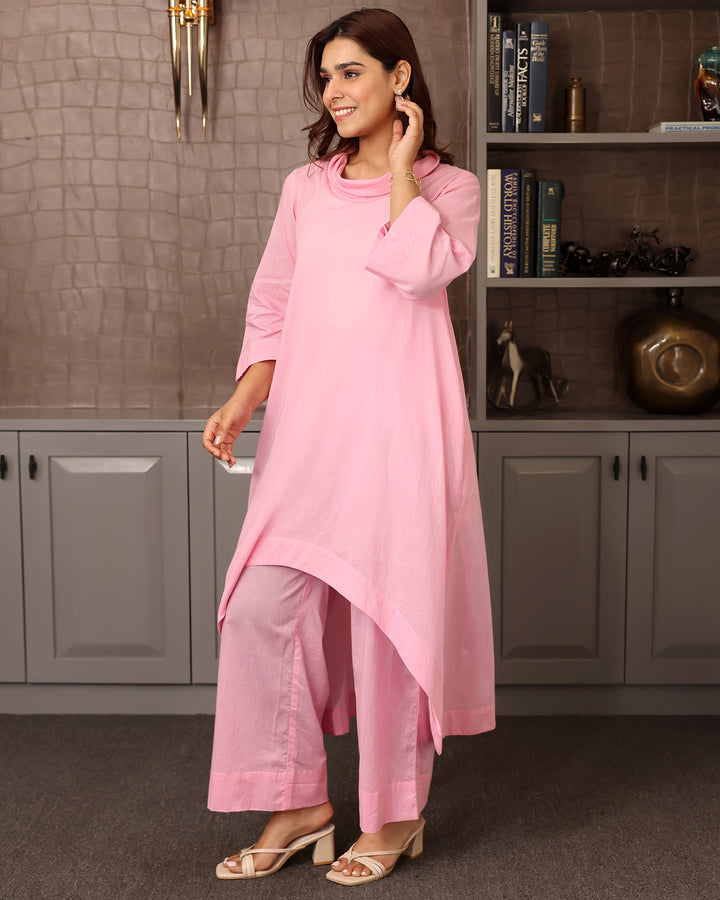 Pink Cotton High-low Kurta Set