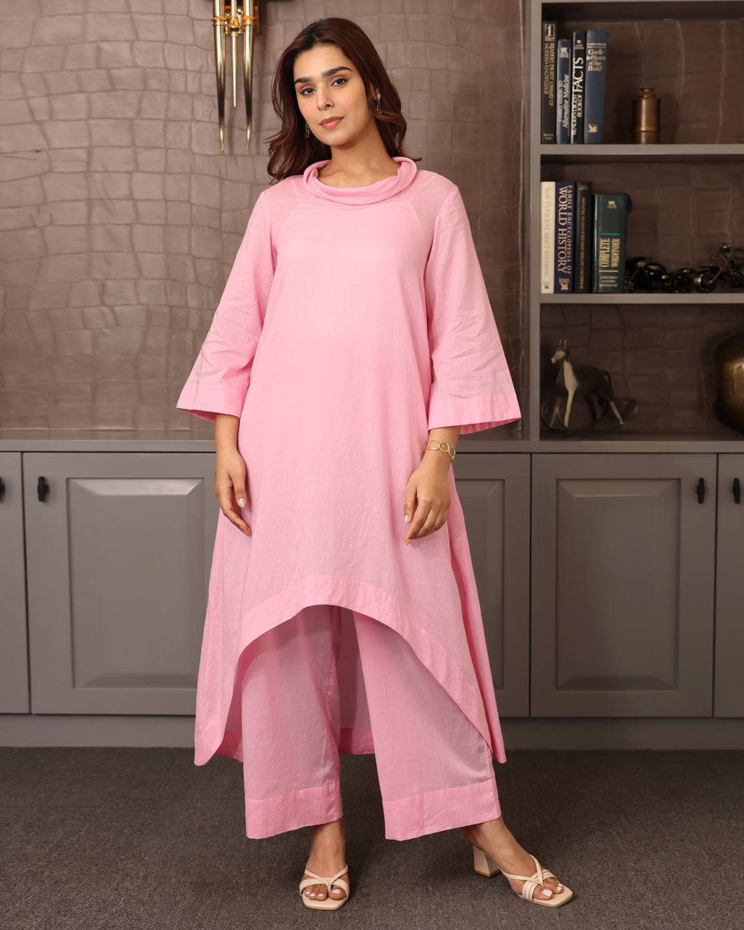 Pink Cotton High-low Kurta Set