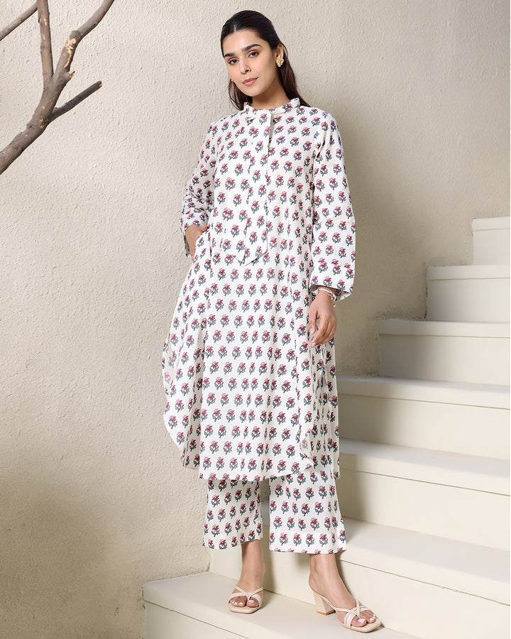 WHITE TIE-UP PRINTED KURTA SET